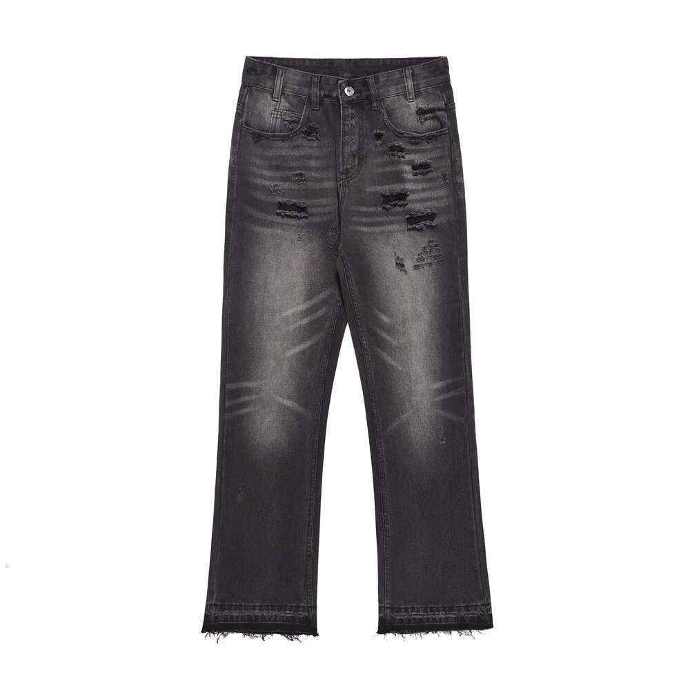 Retro Washed Black Ripped Hole Jeans Mens High Street Raw Edge Straight-Leg Flared Pants Men