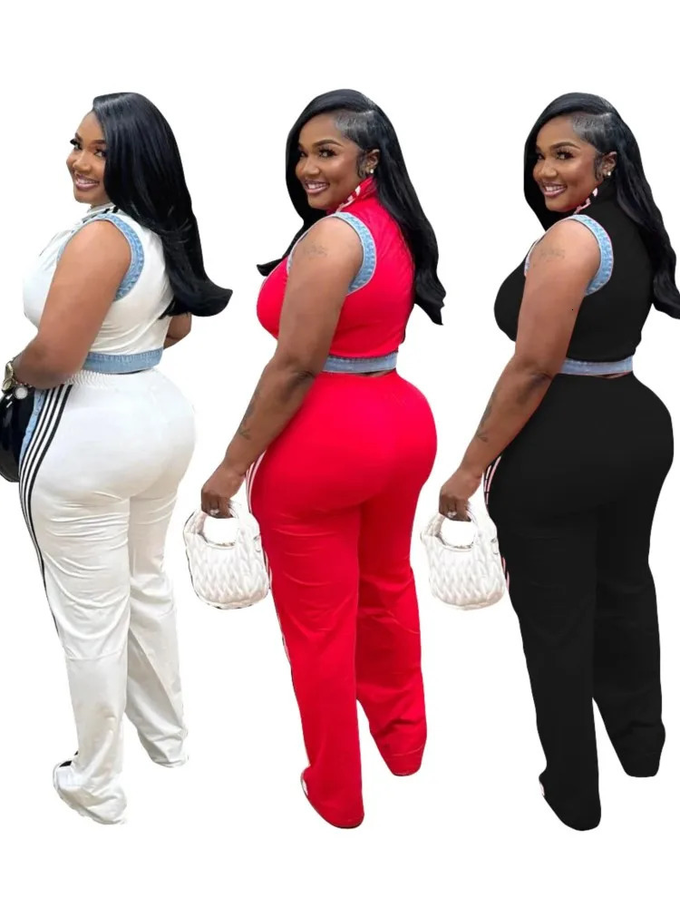 2 Pieces Womens Sets Spring Summer Denim Sleeveless Suit Tops And Wide Leg Pants Suits Two Piece Set Tracksuit Outfit 250408