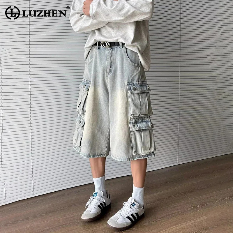LUZHEN Summer Gradient Wash Multi Pocket n Denim Cutting Mens Loose Straight Shorts Jeans JY1084 250409