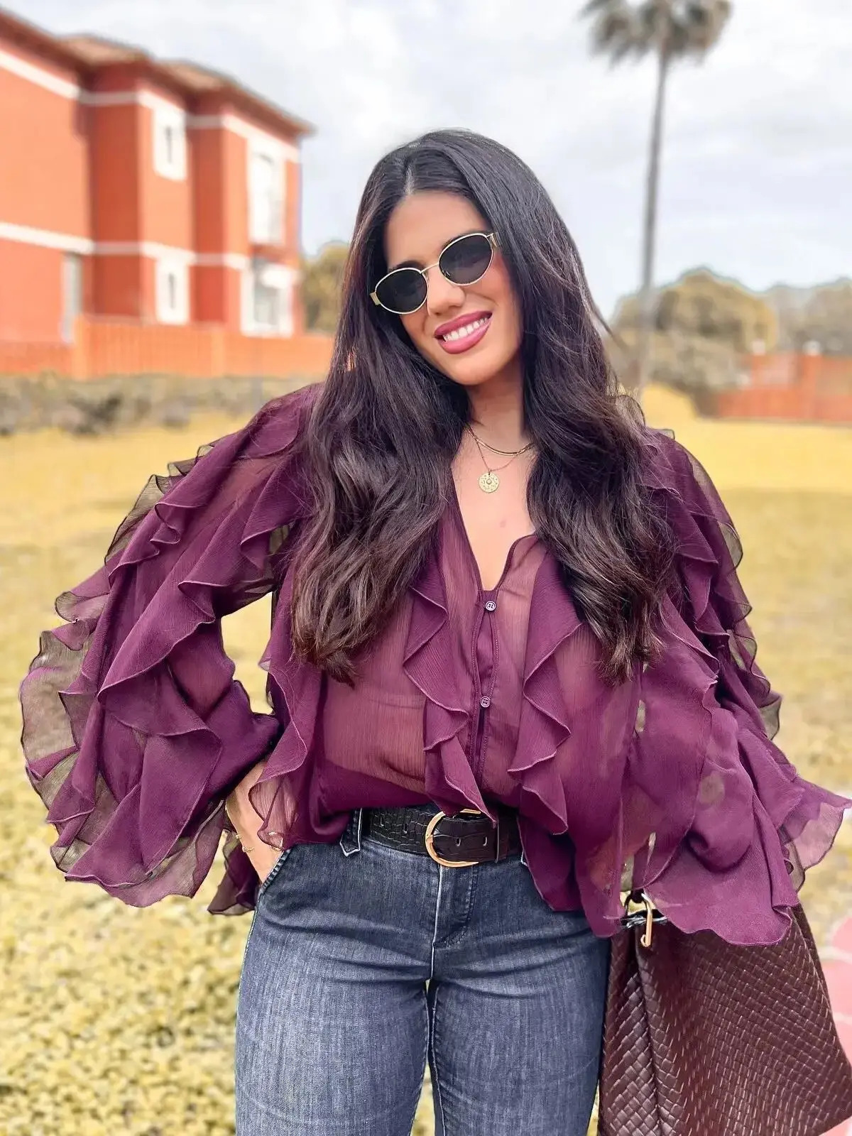 Zevity womens spring Burgundy layered pleated casual shirt long sleeved loose corset high street sapphire top LS2600 250409