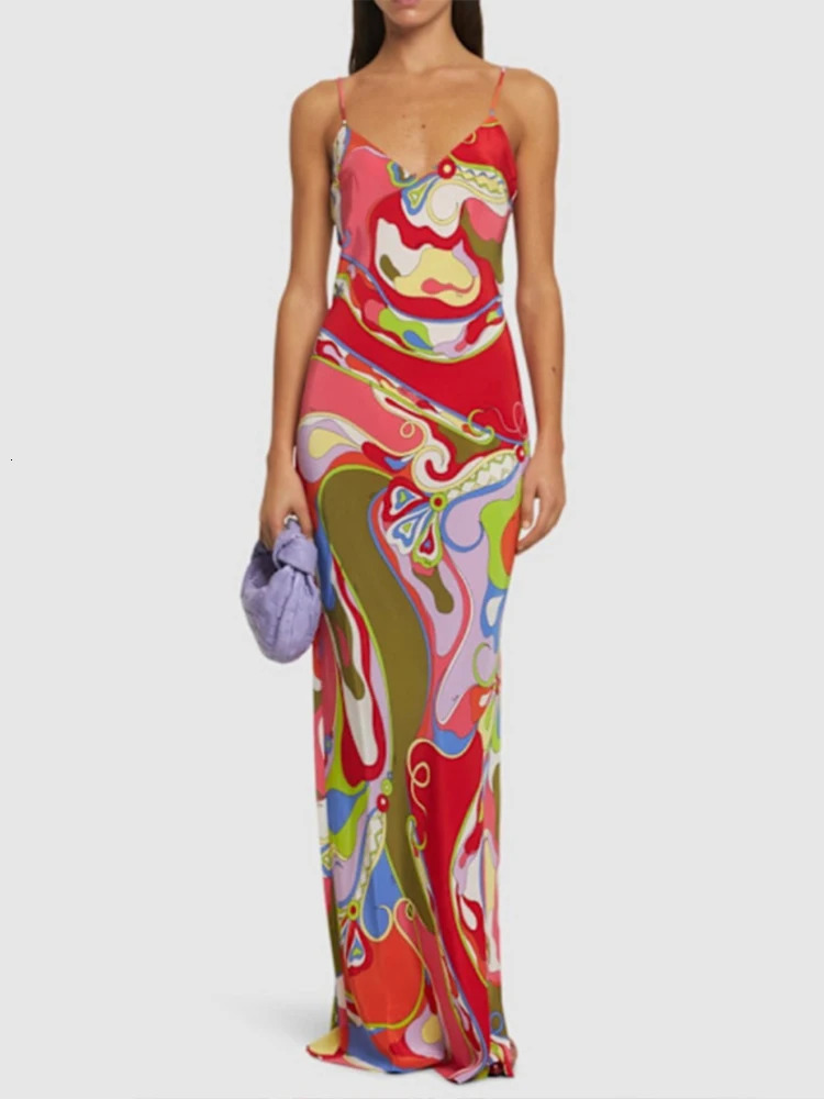 Nibber low neck color printed dress for women sexy sleeveless summer trend vacation tight fitting peach hip splicing long body 250409