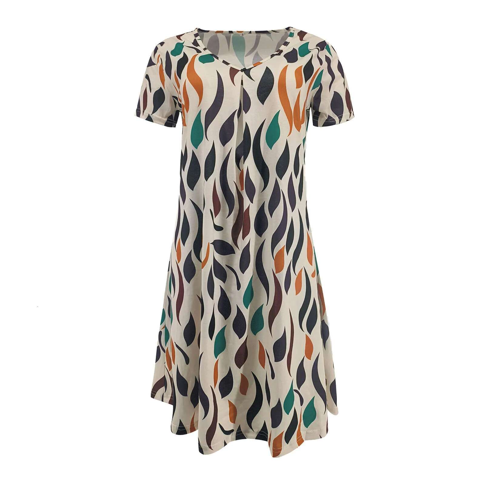 Dongdumaoyi Feather Print Dresses Women Summer Clothing Short Sleeve V Neck Mini Dress Elegant Bohemian Trendy Sundress Beach Vestidos