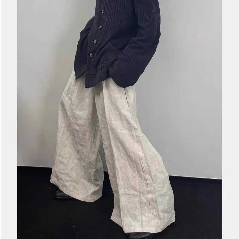 Limiguyue Japanese Cotton Linen Wide Leg Pants Womens Irregular Waist Summer Pants One Button Loose Folded Full Set F157XJ250403
