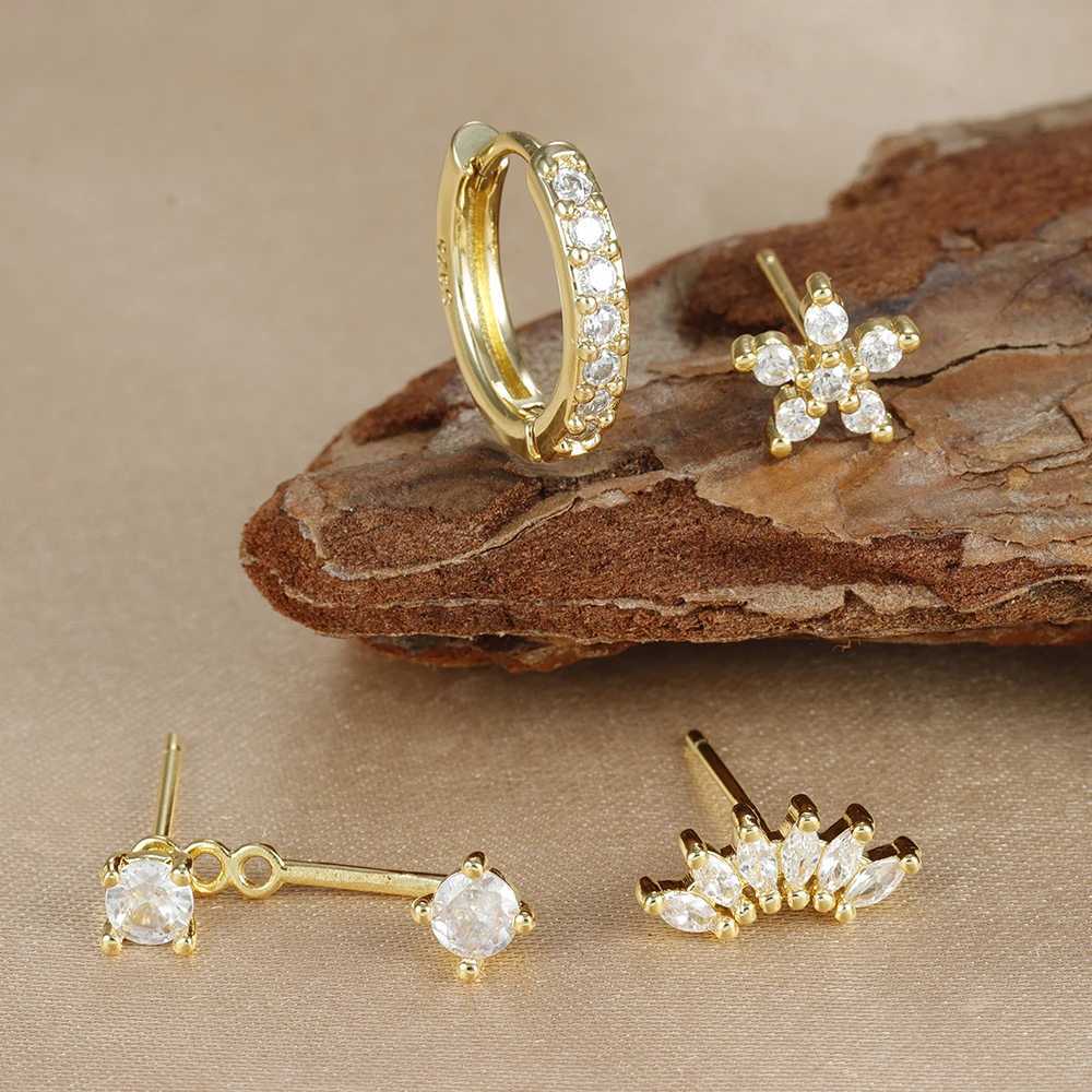 4PCS Stainless Steel Circle Huggie Hoop Earrings Set for Women Gold Color Unique Zircon Flower Stud Earring Piercing Jewelry Z250408