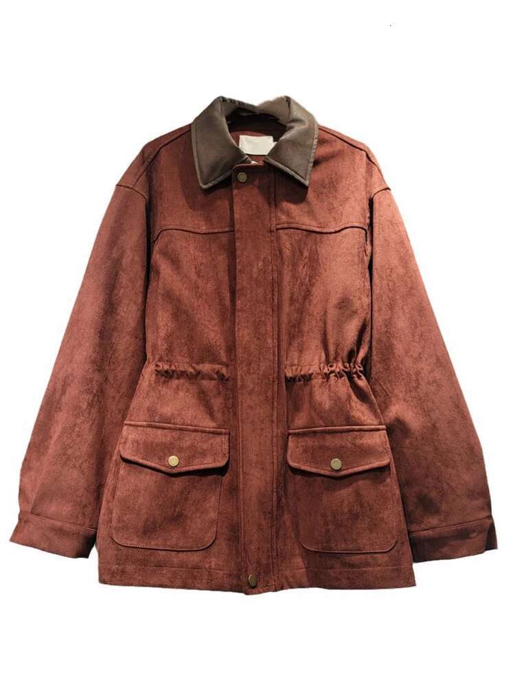 Trendy Women's Elastic Waist Design Loose Coat Autumn Vintage Fashion Lapel Long Sleeve Zipper Jacket Female