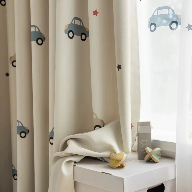 1 cute cartoon car childrens blackout curtain beige blackout curtain childrens bedroom window decoration sheer curtain 250409