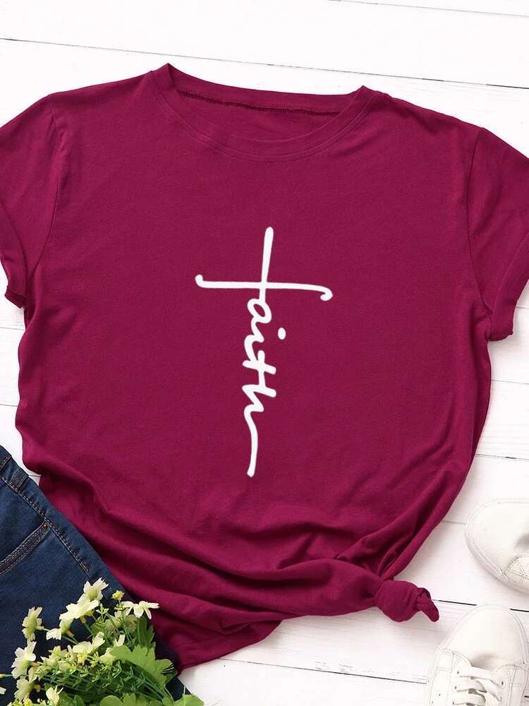 Faith Letter Print T Short Sleeve O Neck Loose Women Tshirt Ladies Tee Shirt Tops Clothes Camisetas Mujer