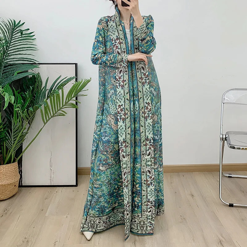 Abaya pleated tight fitting Muslim feminist print plus size long sleeved fashionable and elegant cardigan 250409