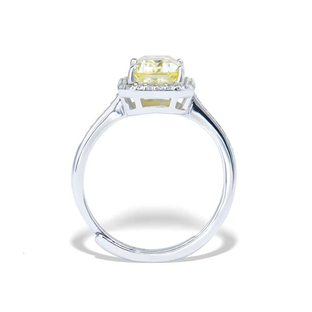 Wholesale 925 Sterling Silver Fine Jewelry Lemon Yellow 2ct Emerald 6*8mm Moissanite Diamond Adjustable Size Wedding Ring