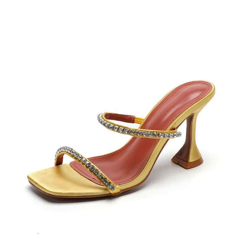 Big Size Glitter Slides High-Heeled Shoes Lady Square Toe Ladies' Slippers Jelly Thin PU Crystal Fretwork Rubber Scandals