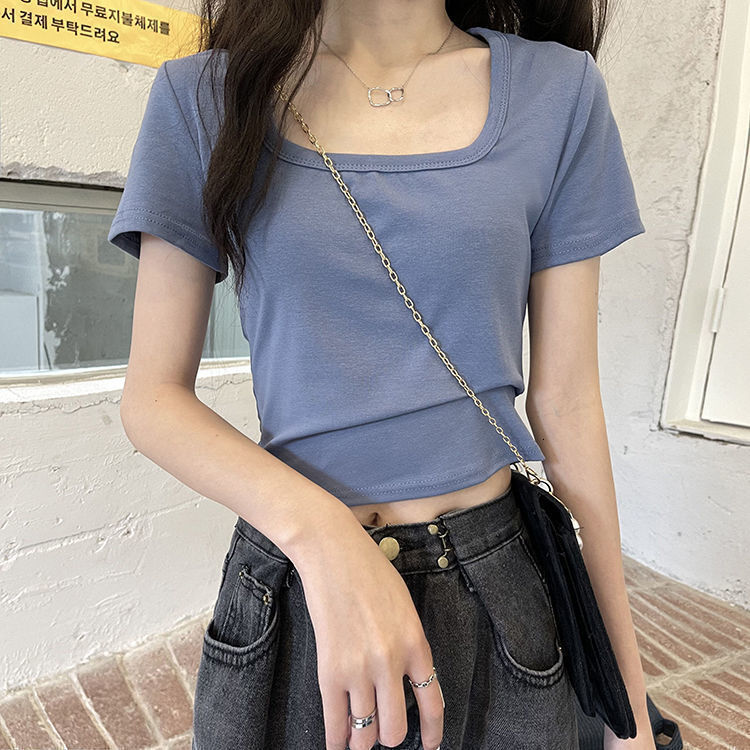 2025S Designer Women S T Shirt Summer T Shirt Women S Solid Color New High Waisted Slim Fit Spicy Girl Versatile Short Sleeved Square Neck Top Trend