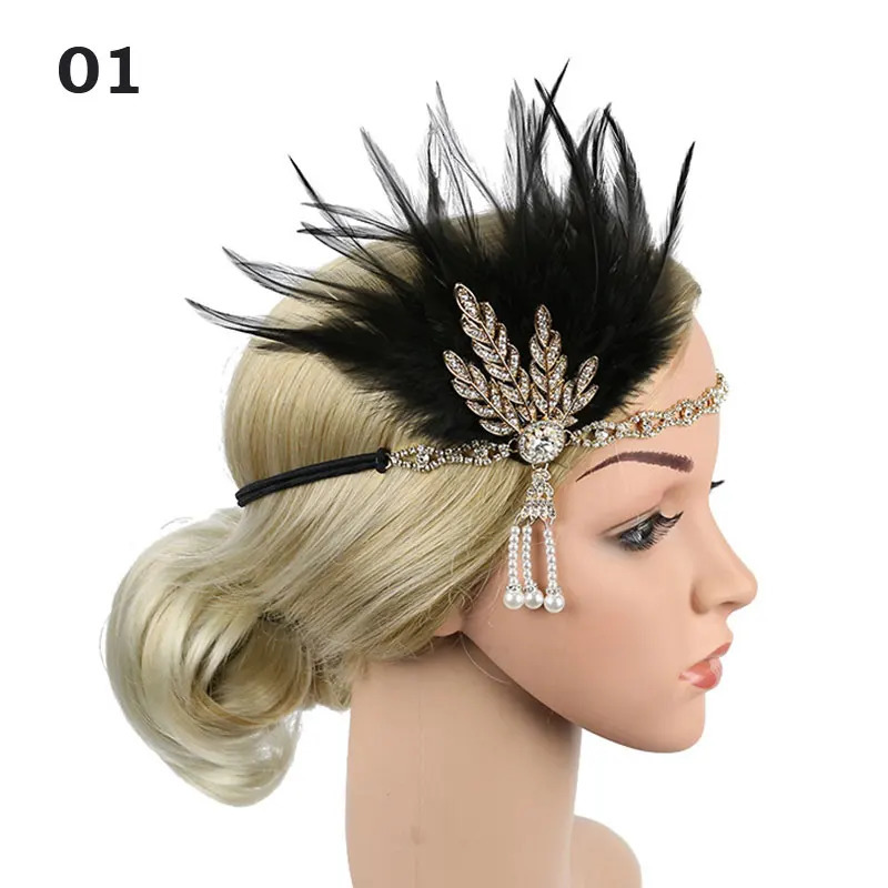 Women Vintage Feather Headband Black Rhinestone Beaded Sequin Hair Band Vintage Headpiece Flapper Feather Headdress 250409