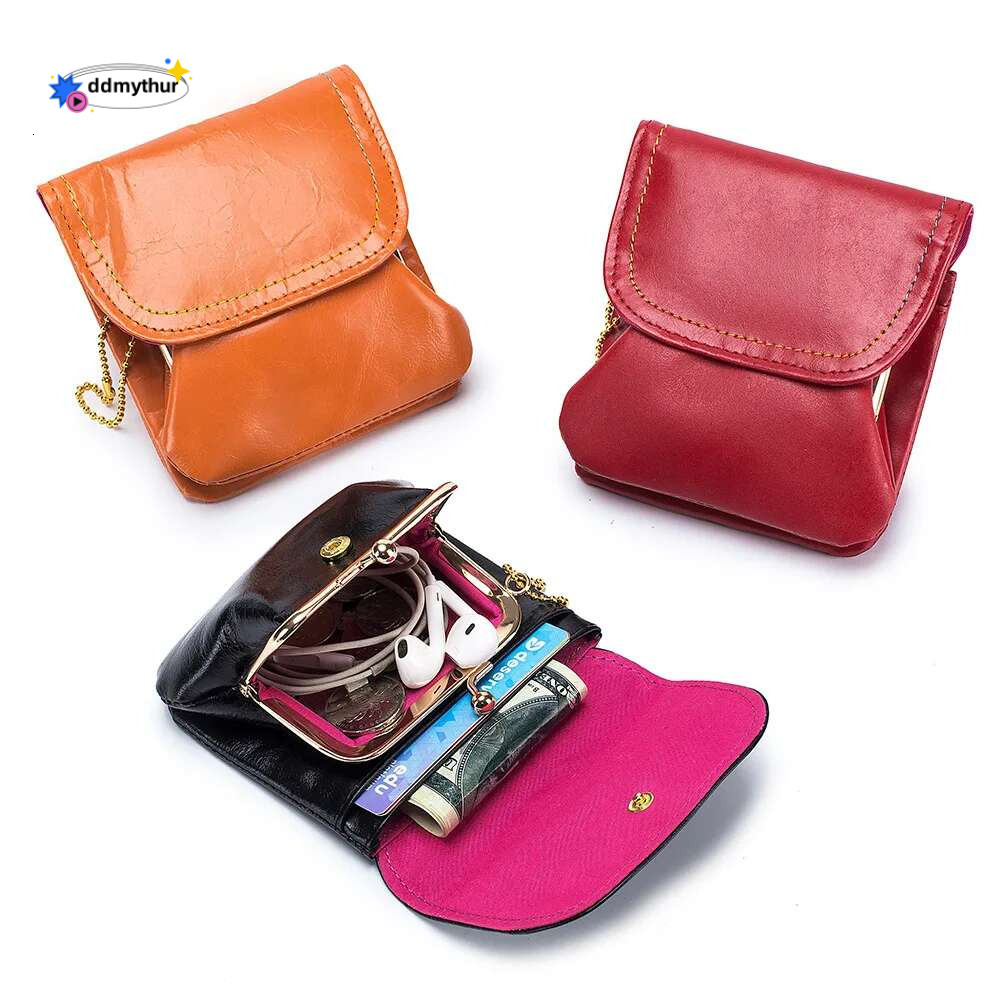 Genuine Leather Coin Women Cowhide Change Purse Metal Hasp Closure Card Holder Wallet Vintage Kiss Buckle Small Clutch Bag ddmythur