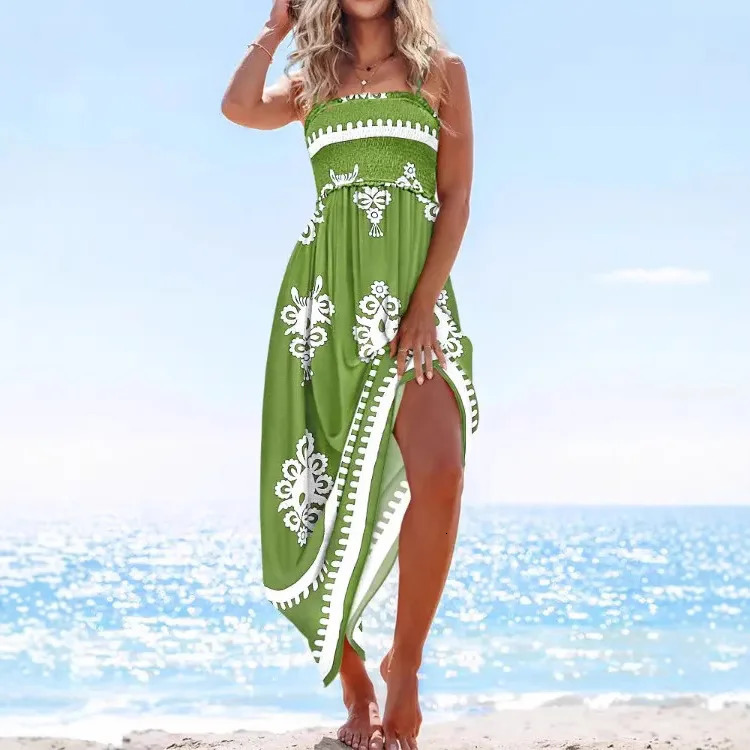 Summer Womens Strapless Long Skirt Sexy and Fashionable Off Shoulder Printed Pendant High Waist Elegant Beach Vacation Dress 250409
