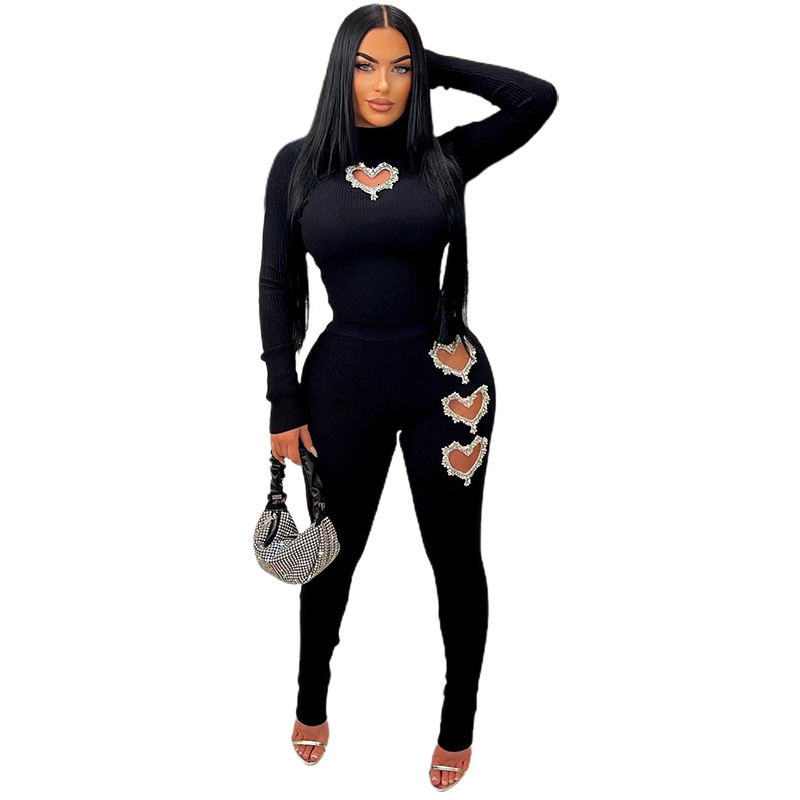 2025S Designer Women S Set Feng Autumn Women S Clothing New Fashionable Casual Hollow Out Hot Diamond Top High Waist Tight Pants Set For Women