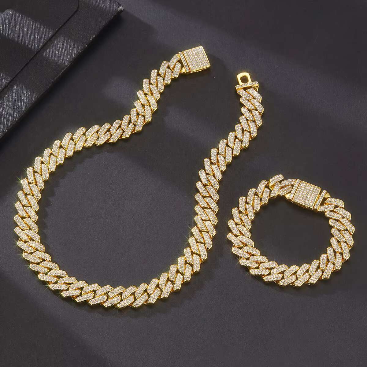 13mm Hip Hop Miami Cuban Link Chain Set Necklace +Bracelet Creative Iced Out Shiny Trendy Stylish Jewelry for Women Men