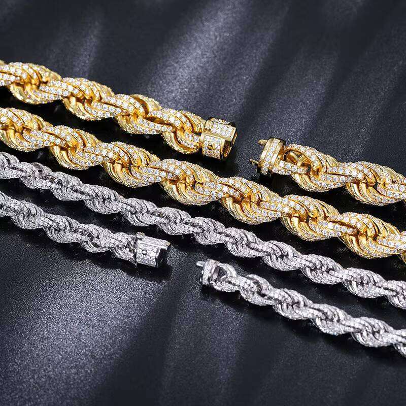 Pass Diamond Tester 8mm-14mm Full VVS Silicon Stone Ice Out Rope Chain 925 Sterling Silver Men's Hip Hop Jewelry Twisted Necklace
