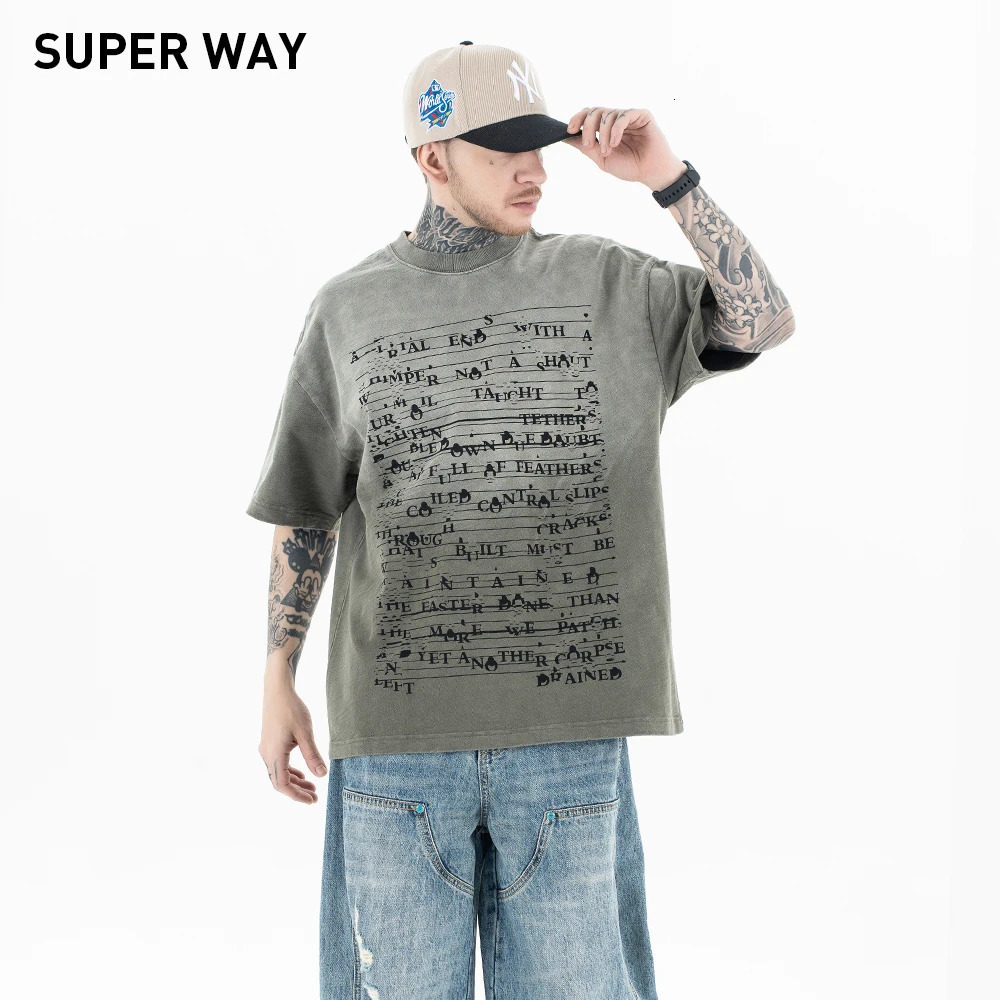 Superway original gradient wash T-shirt mens letter printing oversized hip-hop cotton T-shirt retro Y2K street top 250408