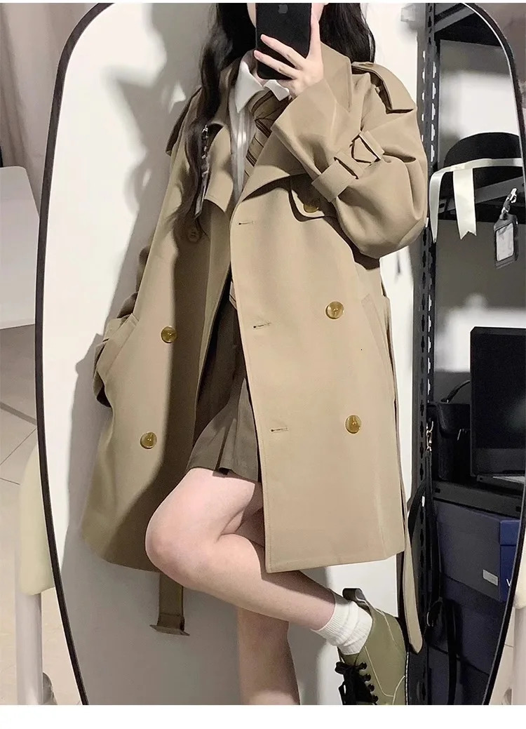Preppy Style ultrathin waist womens trench coat springsummer autumn lapel loose jacket long sleeved double chest 250409