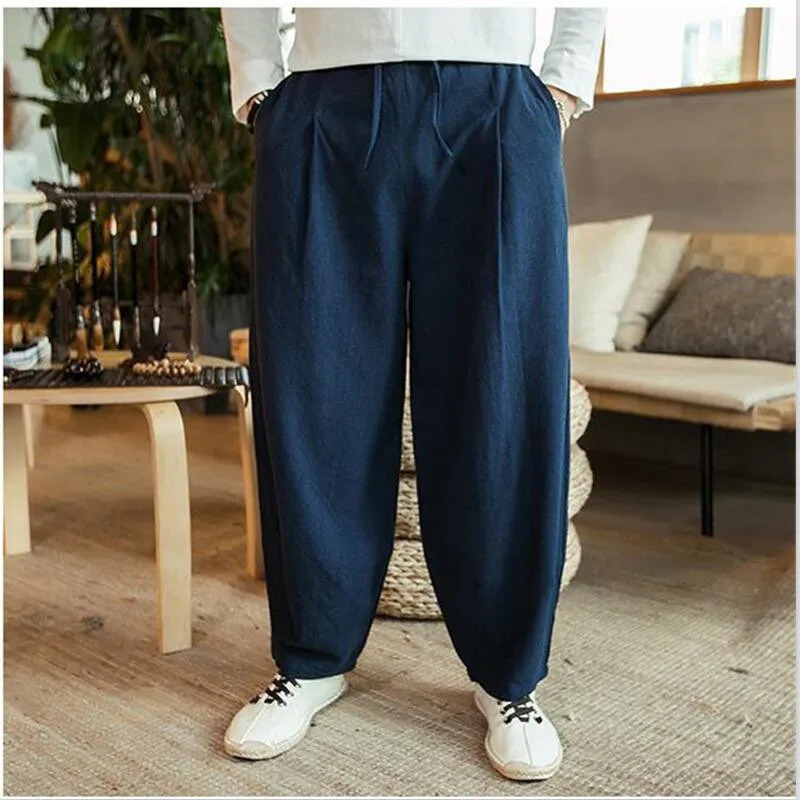 Large Size 6XL 7XL Mens Wide Leg Pants Cotton Linen Loose Harem Pants Summer Trousers Male Loose Pants Drawstring men clothing 250408