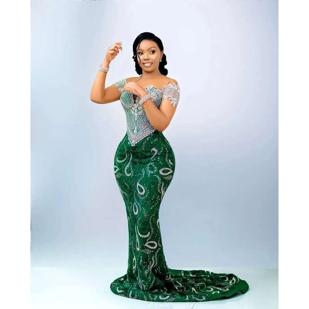 Aso Mermaid Green Ebi Prom Dress Beaded Crystals Sequined Evening Formal Party Second Reception 50Th Birthday Engagement Gowns Dresses Robe De Soiree 