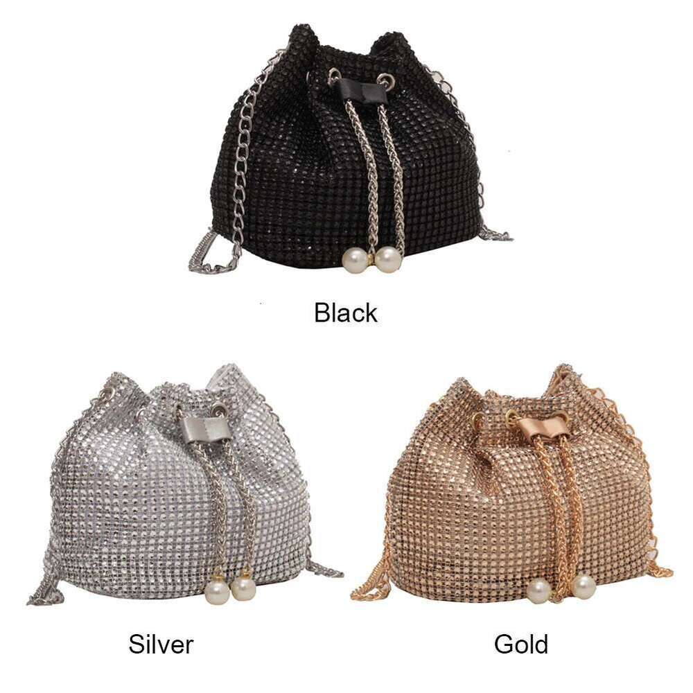 Women Shoulder Solid Color Rhie Glittering Satchel Drawstring Shinny Sg Purse Dinner Party Bag