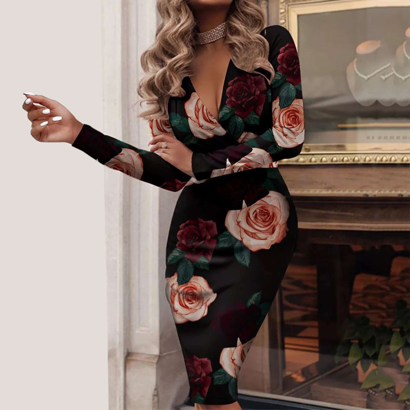 Dongdumaoyi Autumn Winter Women Sexy Dress Printed Long Sleeved Feminine V Neck Slim Bag Hip Bodycon Dinner Party Vestidos