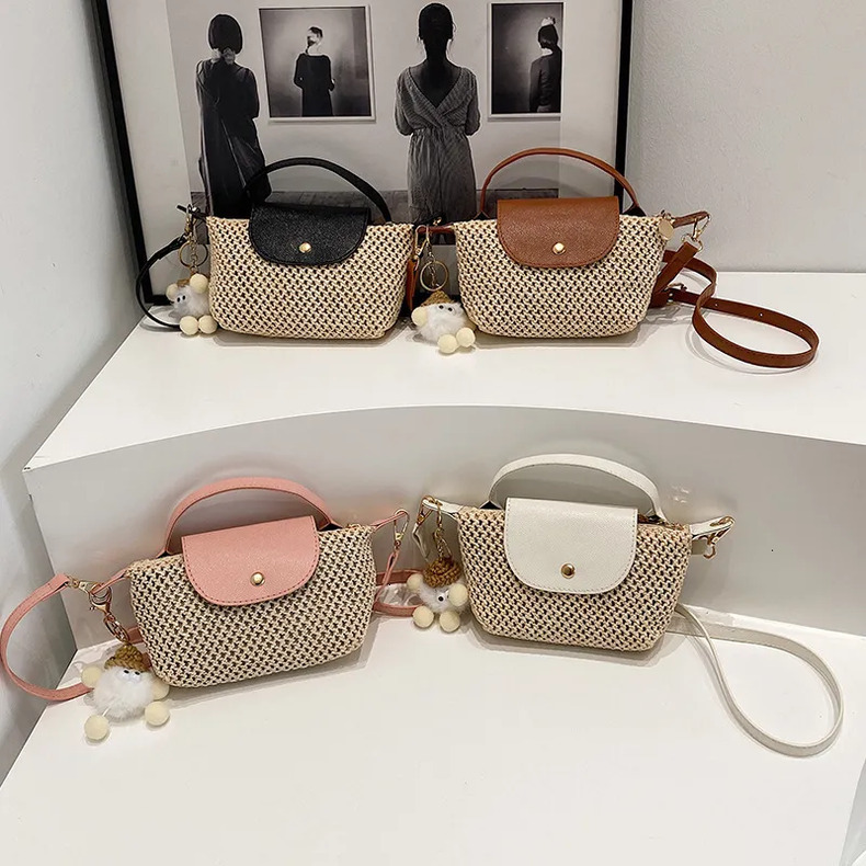 Luxury Brand Designer 2025 Summer New Ins-Style Niche Spliced Woven Bag, Pom-Pom Decor Beach Vacation Mini Handheld Straw Dumpling Women's Bag