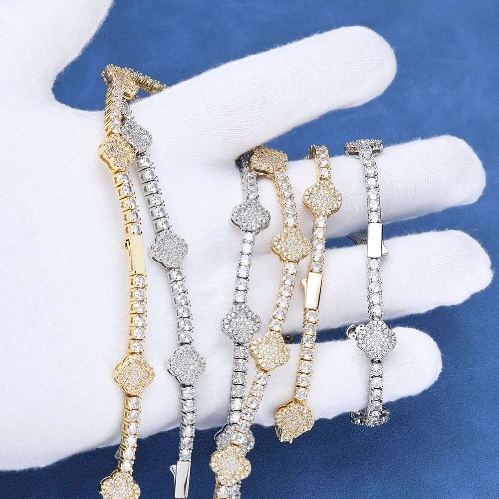 KNOBSPIN D VVS1 Moissanite Tennis Bracelet Four Leaf Clover s925 Sterling Silver Plated 18k with GRA Wedding Bracelets for Women