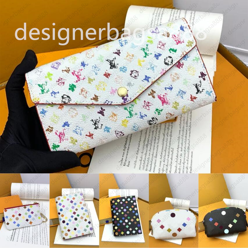 takashi murakami designer wallets for man women White tri color zippy organizer bag credit card holder coin purse key pouch purse clutch passport holder Makeup bag