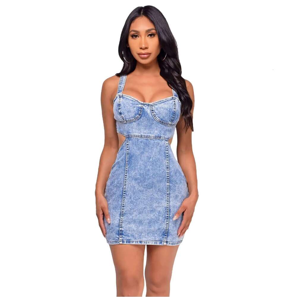 Camisole Washed Denim Mini Dresses Sexy Hollow Spliced Wrap Buttocks Dress Solid Slim 2024 Skinny Distressed High Street