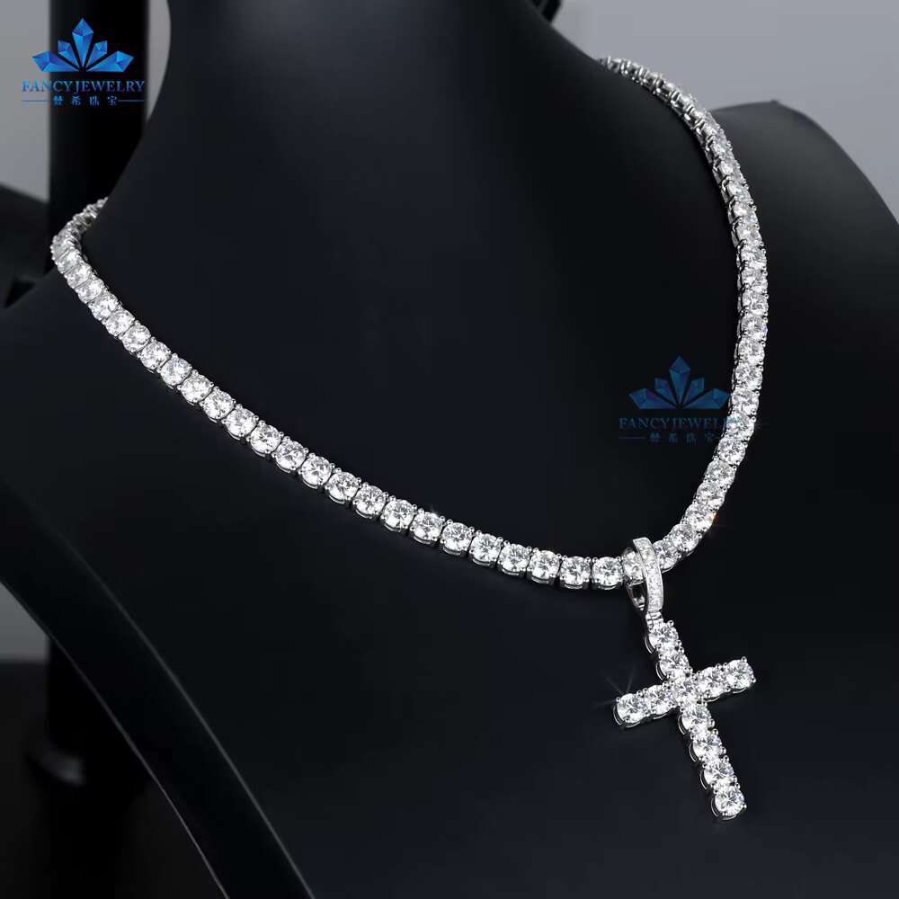 Trendy HipHop Style 925 Sterling Silver Iced D VVS 5MM Moissanite Cross Pendant Men Women Stone Jewelry Number Perfect Gift