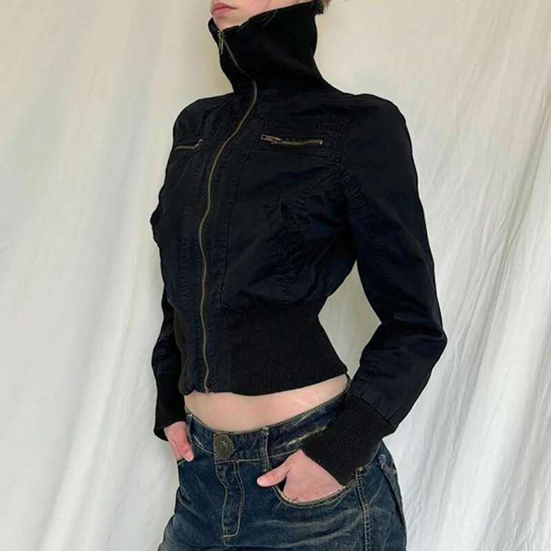 CIBBAR Streetwear Black Zip Up Jacket Autumn Winter Turtleneck Full Sleeve Cropped Jackets For Women Y2k Vintage Ladies Outwear