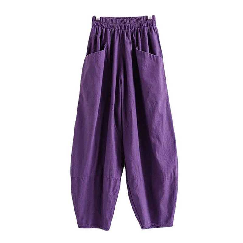 New womens cotton linen harem pants casual mens summer loose elastic waist pocket mens retro ankle length wide leg pantsXJ250403