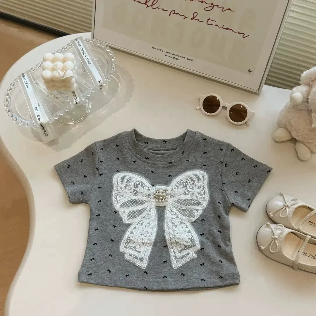 Ddmyshoesvip New Summer Short T Shirt Girls Korean Style And Stylish D Butterfly Bow Polka Dot Half Sleeved Base Shirt For Little Girls