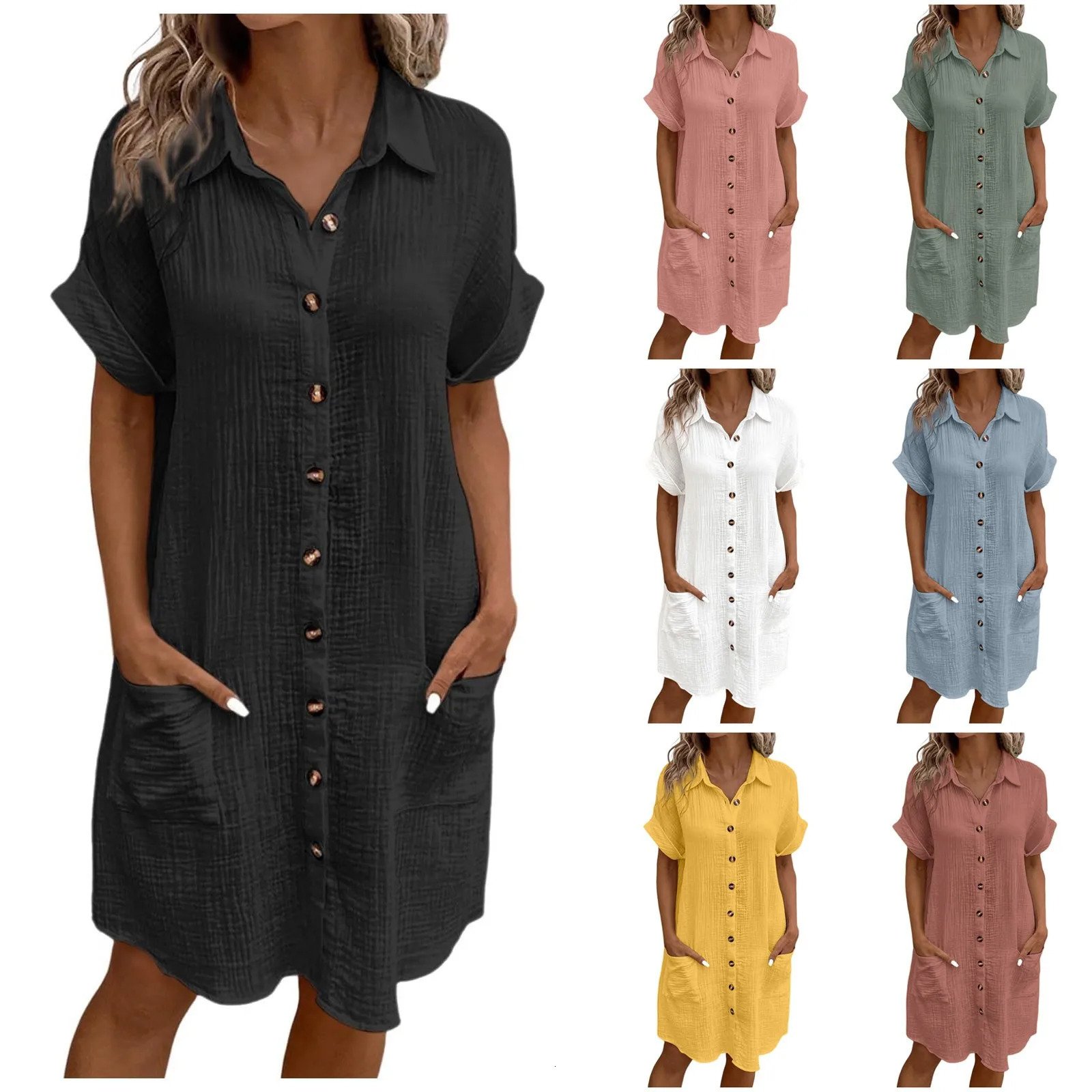 Womens Fashion Summer Minimalist Vneck Button Dress Cotton Flax White Short Sleeve Pocket Casual Loose Shirt 250409