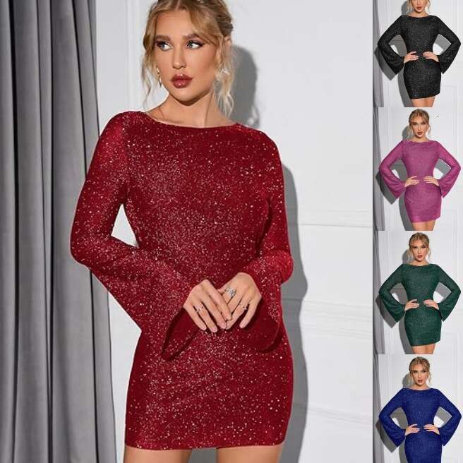 2025 Women's Shiny Sequin Backless Tie Mini Long Sleeve Sparkling Bodycon Party Club Night club dress SEXY DRESSES FOR WOMEN