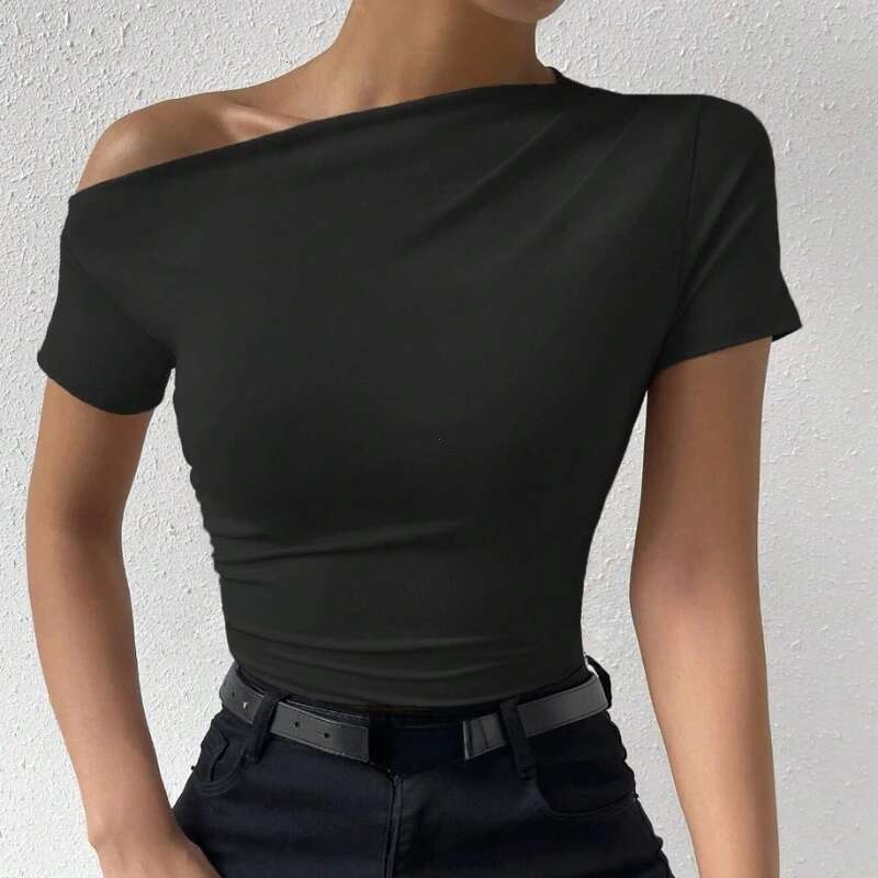 Solid One Shoulder T-shirt, Elegant Short Sleeve Ruched Top for Spring & Summer, Women's Clothing