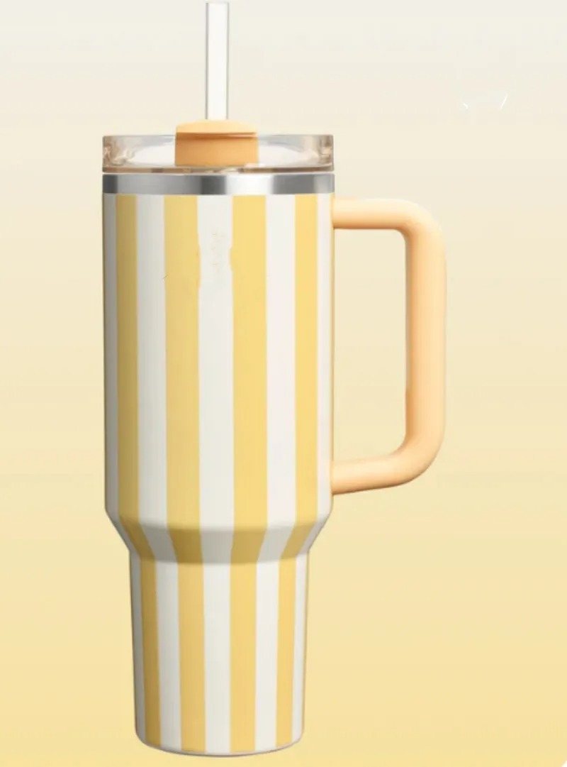 40oz Tumblers The Oasis Collection H2.0 40OZ Mugs Cornflower Cabana Gloss Green Stripes Tumblers Insulated Car Cups Stainless Steel Coffee Termos Drin