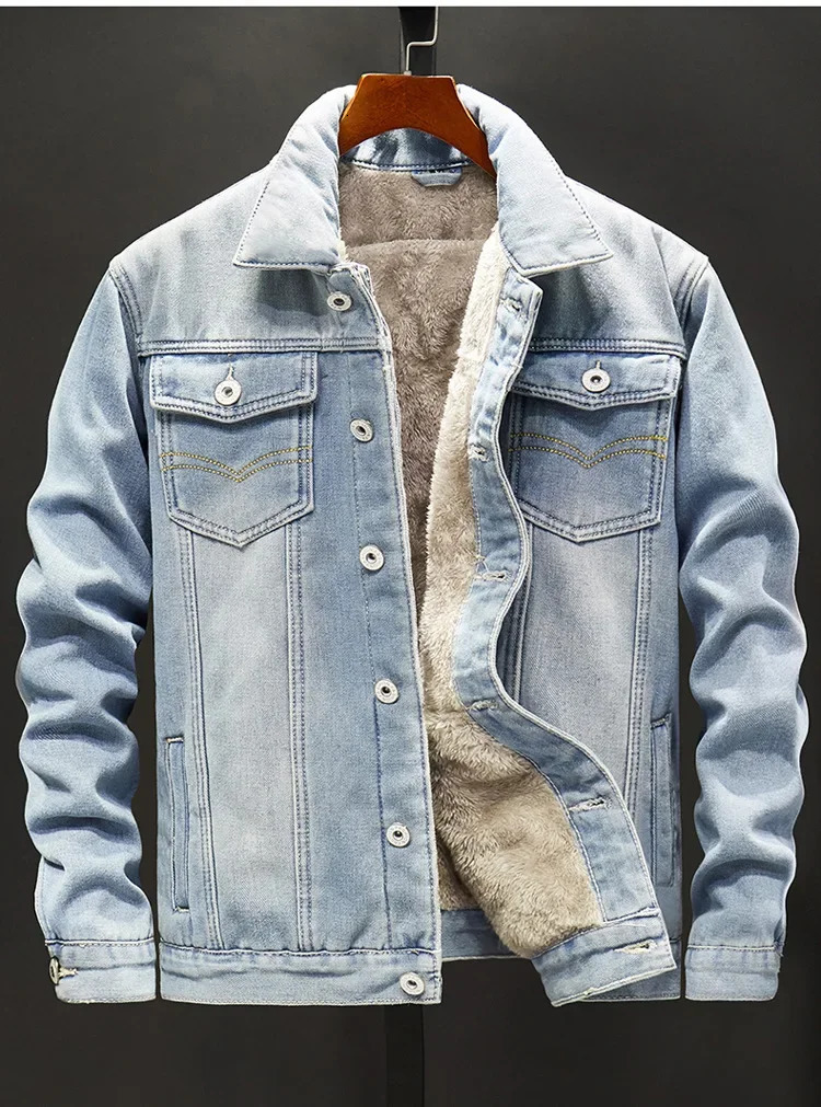 Mens denim jacket single chest cardigan lapel loose solid pockets casual thick patchwork buttons 250409