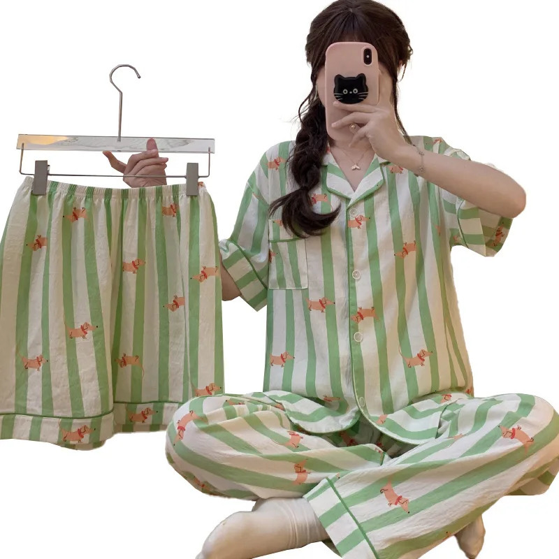 Summer Pajamas Homewear Three Piece Set Stripe Color Collision Printing Cloud Short Sleeve Girls Casual Home Furnishing 250409