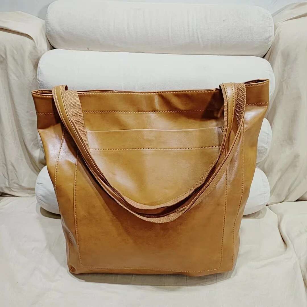 Oil And Wax Pu Leather Large Capacity Tote Shoulder For Women Soft Vintage Lady's Handbag Underarm Bag Casual