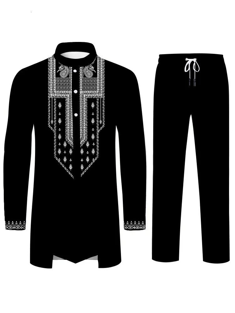 Muslim Culture Mens Casual Set Elegant 3D Printed Pattern Middle Eastern Islamic Dress Loose Breathable Clothing 250409