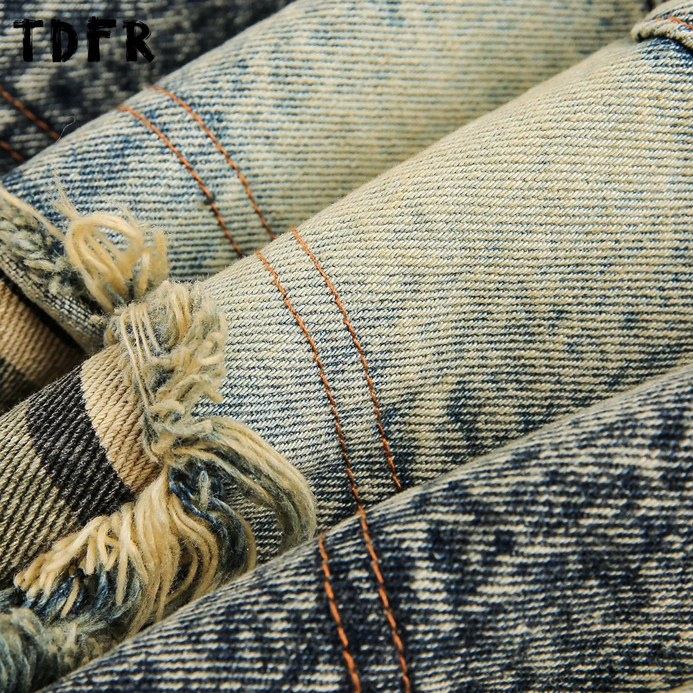 Camouflage patchwork denim shorts mens summer retro streetwear uncomfortable to wash loose wide leg 250409