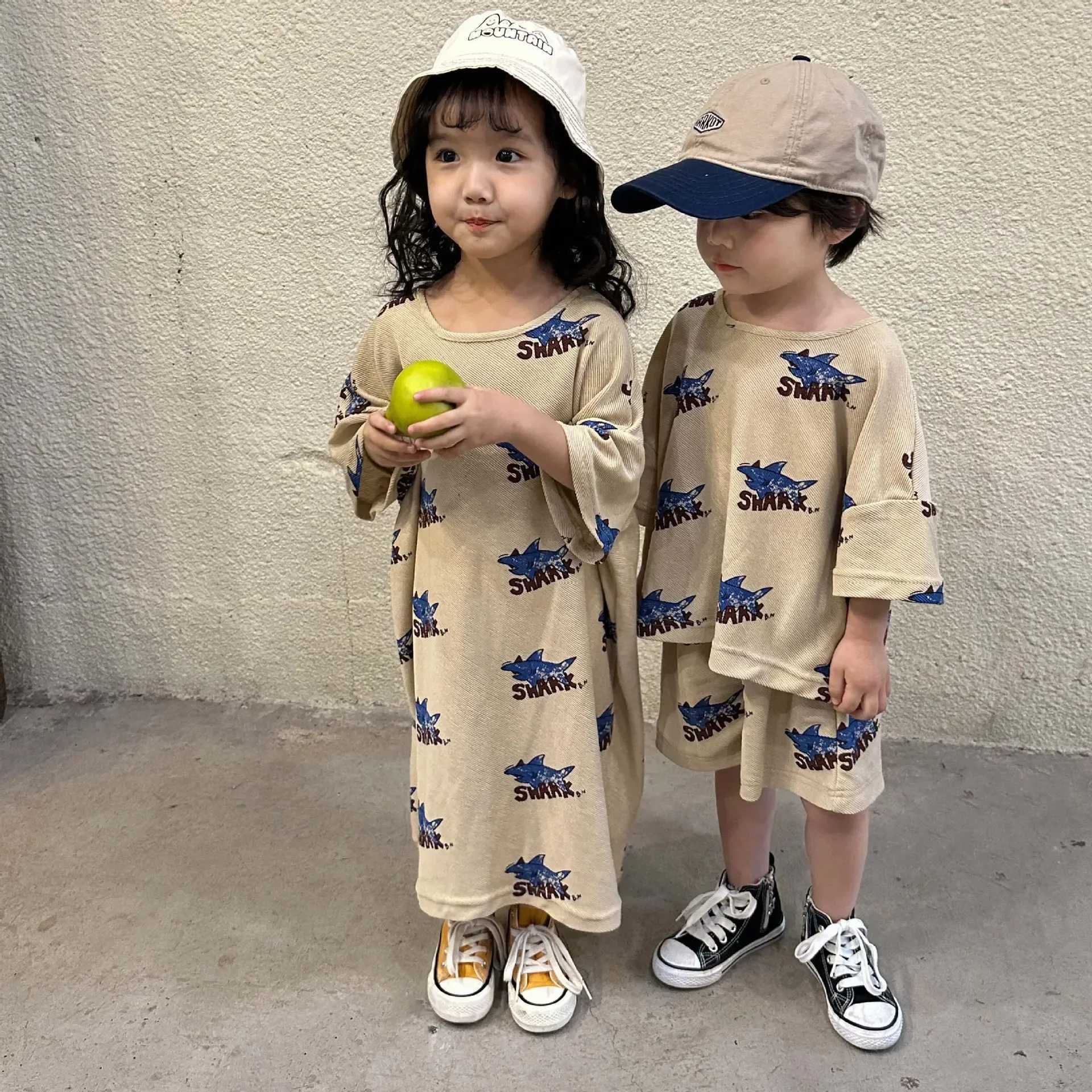 8901 Brothers and sisters Clothing Hot in 2024 Summer Baby Boys Set Short Sleeve Cartoon T-shirt+Short Sleeve or 1-10 Girls Dress S2548