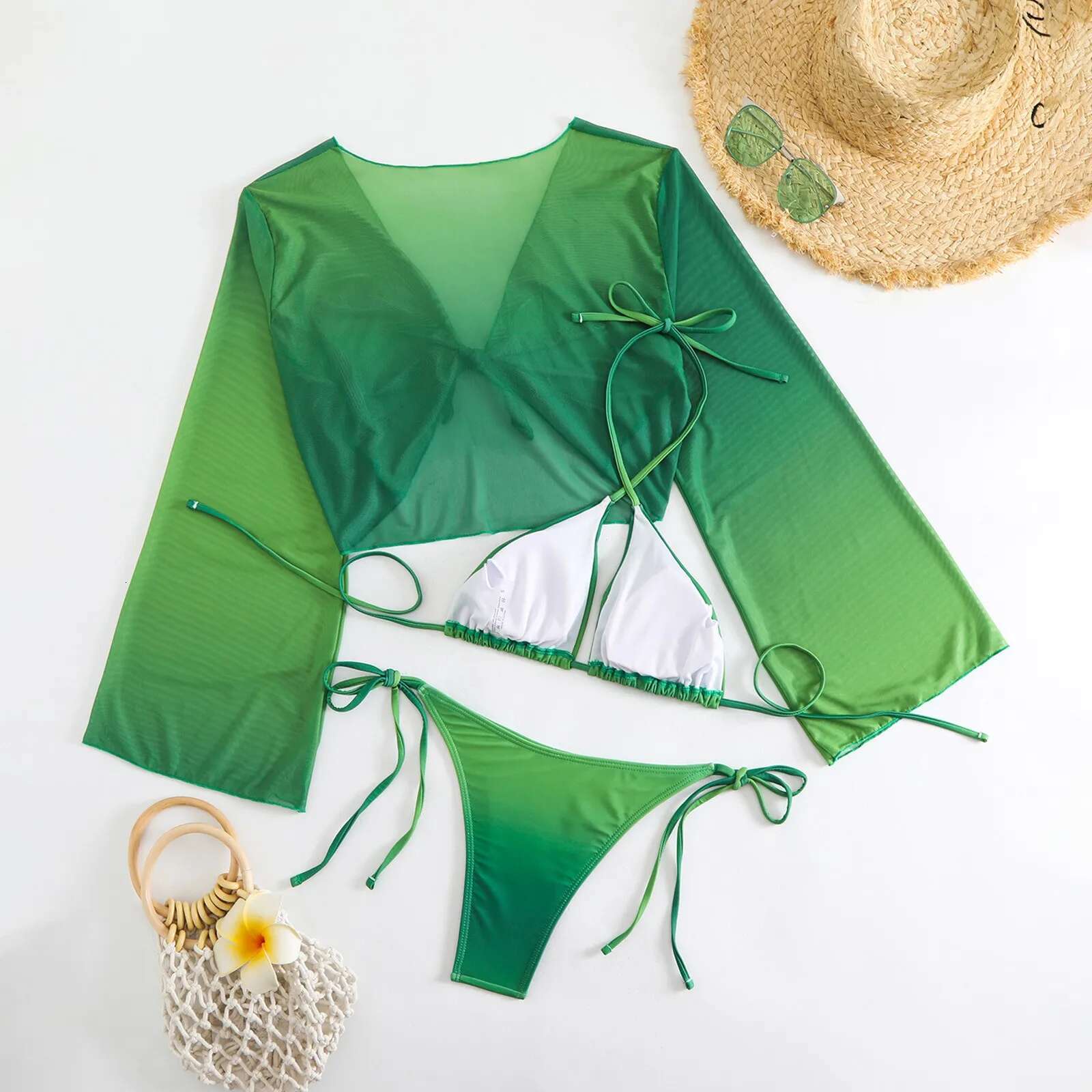 Dongdumaoyi Sexy Green Bikini Set Women Halter Long Sleeve Top Piece Swimsuit Summer Bathing Suit Swimwear Female Thong Biquini New