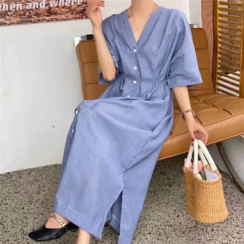 REALEFT Cotton Linen Striped Womens Dress Vneck Elegant Korean Lace Straight Skirt 250409