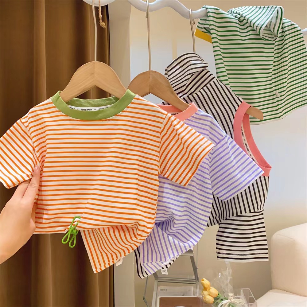 Ddmyshoesvip Girls Summer Short New Pure Cotton Striped Round Neck Casual T Shirt Baby Thin Half Sleeved Base Shirt Trend