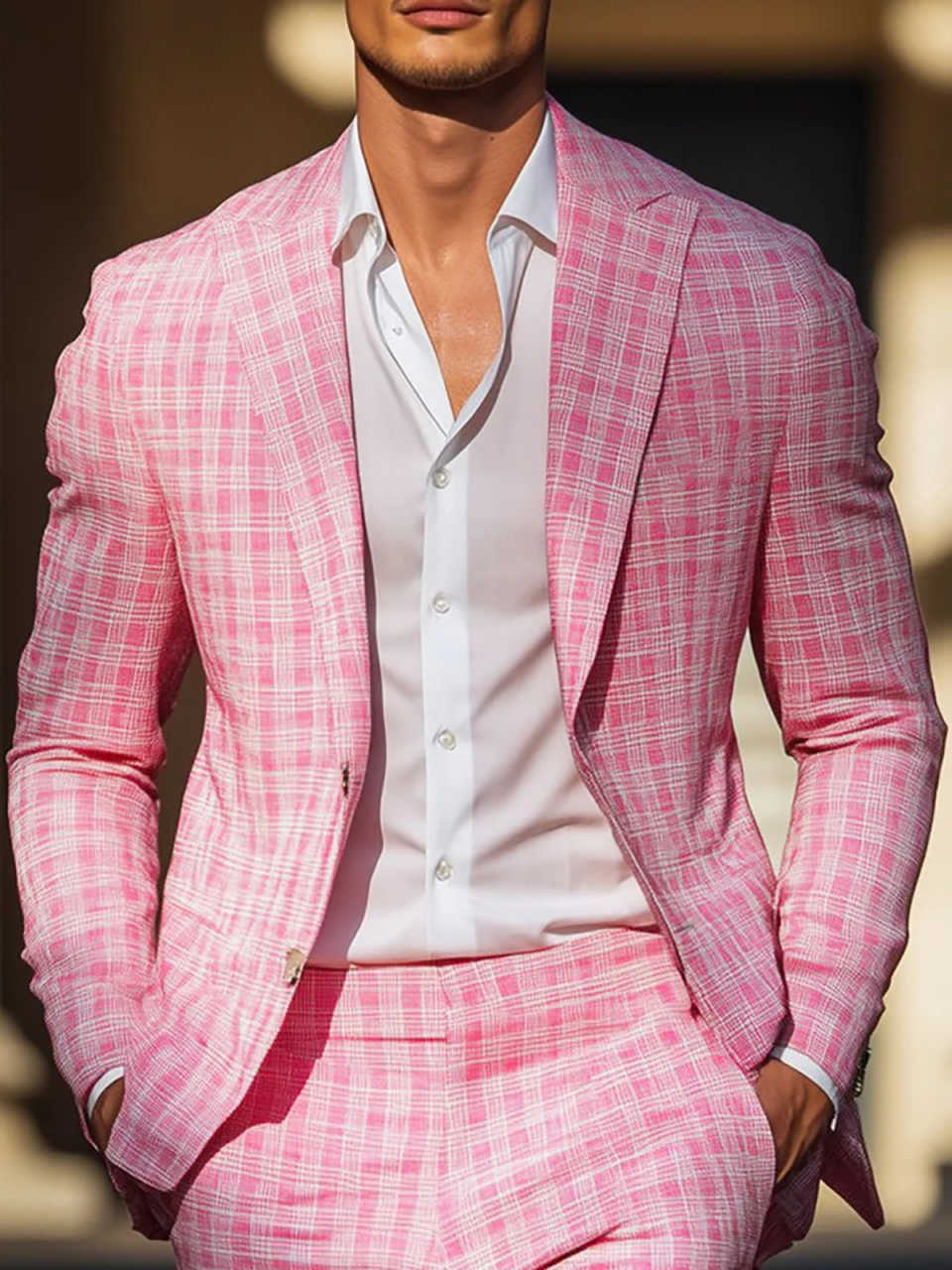 Summer Pink Plaid Mens Tuxedos Peaked Lapel Formal Party Birthday Groom Wear Customized Cosplay Outfits 2 Pieces