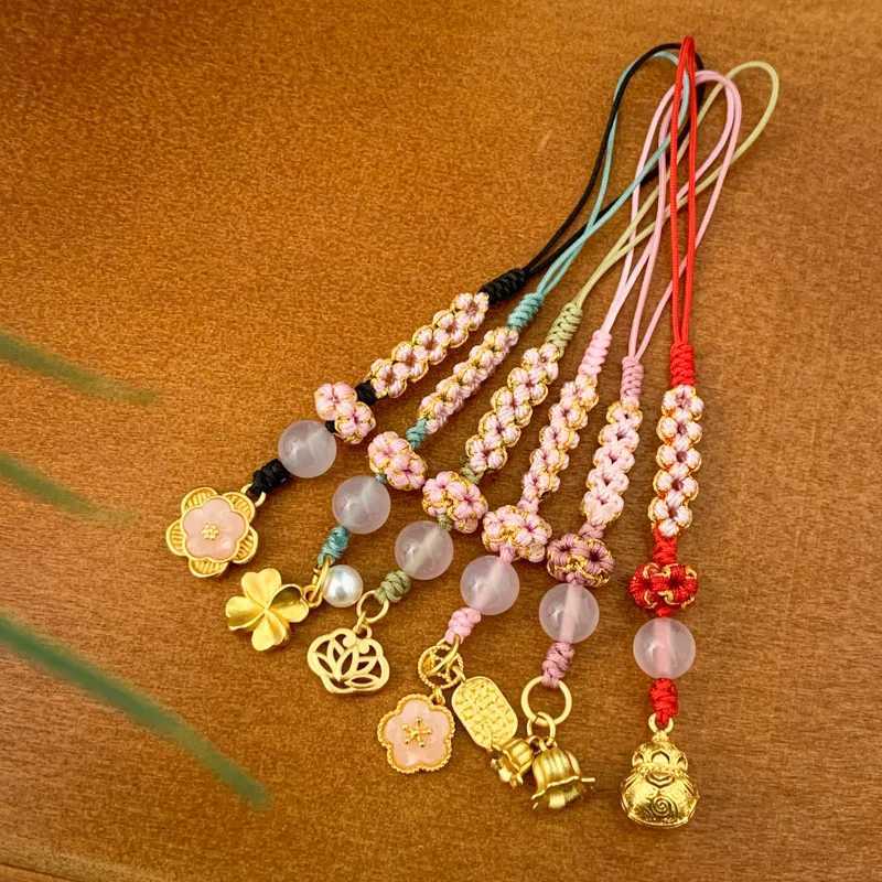 Handmade peach flower knot mobile phone rope with charming gold bag decoration car hanging ropeXJ250409